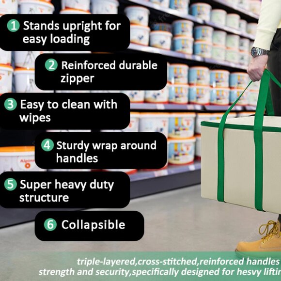 3Pack Reusable Grocery Bags w/ Reinforced Bottom & Handles(1-Tote + 2-Insulated) - Picture 10 of 13